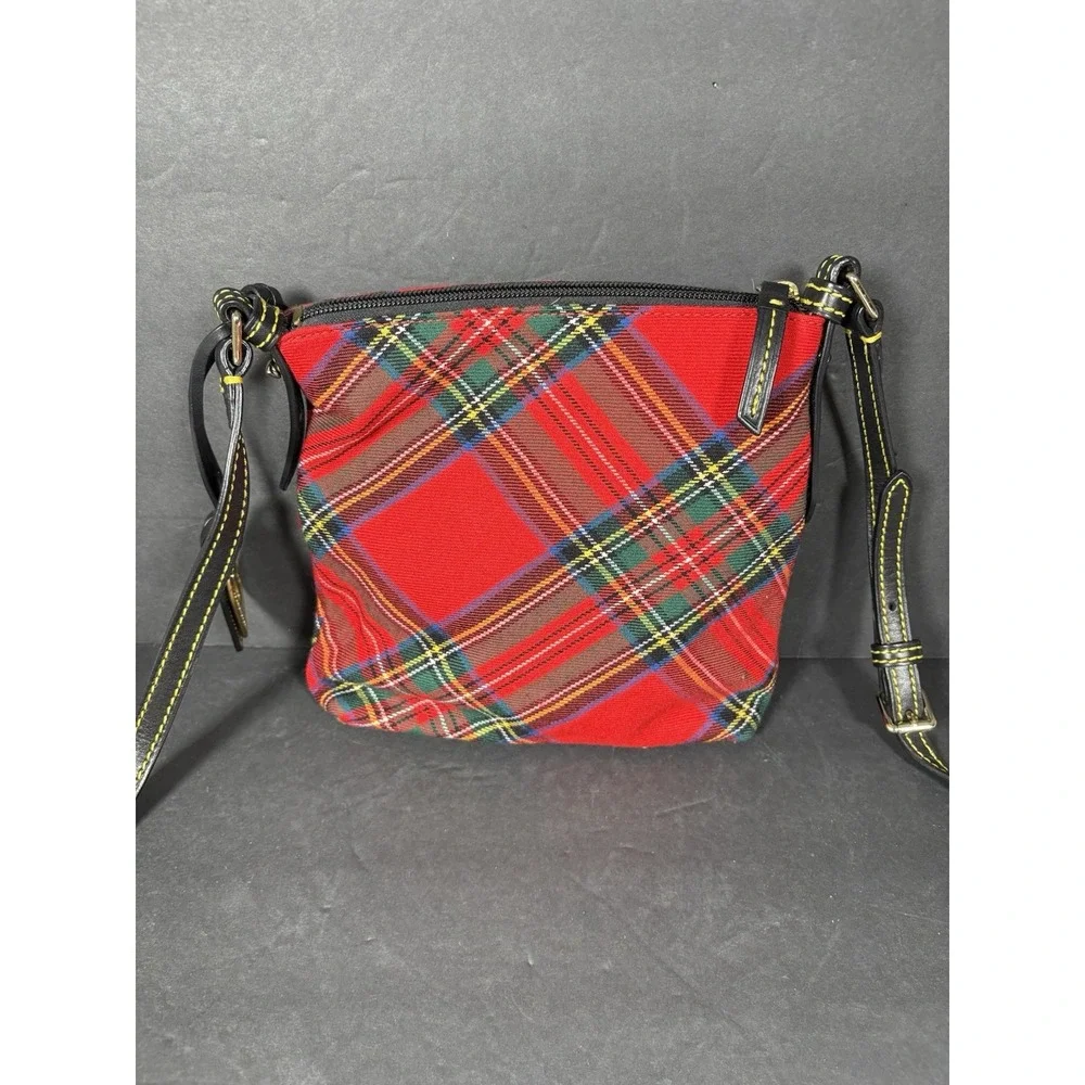 Vintage Y2K Dooney Bourke Red Tartan Plaid Crossbody Shoulder Bag Leather Trim